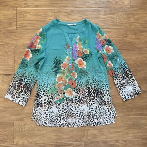 Soft Surroundings Tunic Top Size M Tropical Sheer Leopard Teal Floral